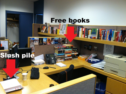 My cubicle with an ever-growing mountain of books I’ve received for free.