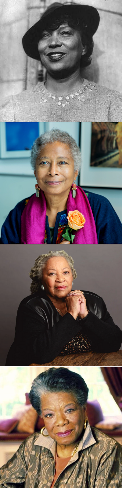 Top to bottom: Nora Neal Hurston, Alice Walker, Toni Morrison, Maya Angelou